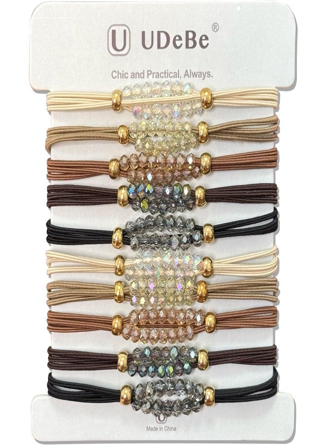 UDeBe Elegant Elastic Hair Ties with Sparkling Crystal Beads – 10-Piece Boho Neutral Set, Durable Ponytail Holders for Women - Image 1